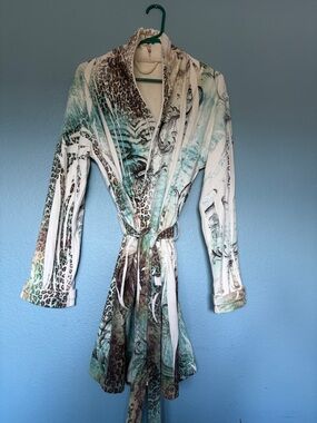 Short Robe - Printed Belted in Teal, Brown & Cream